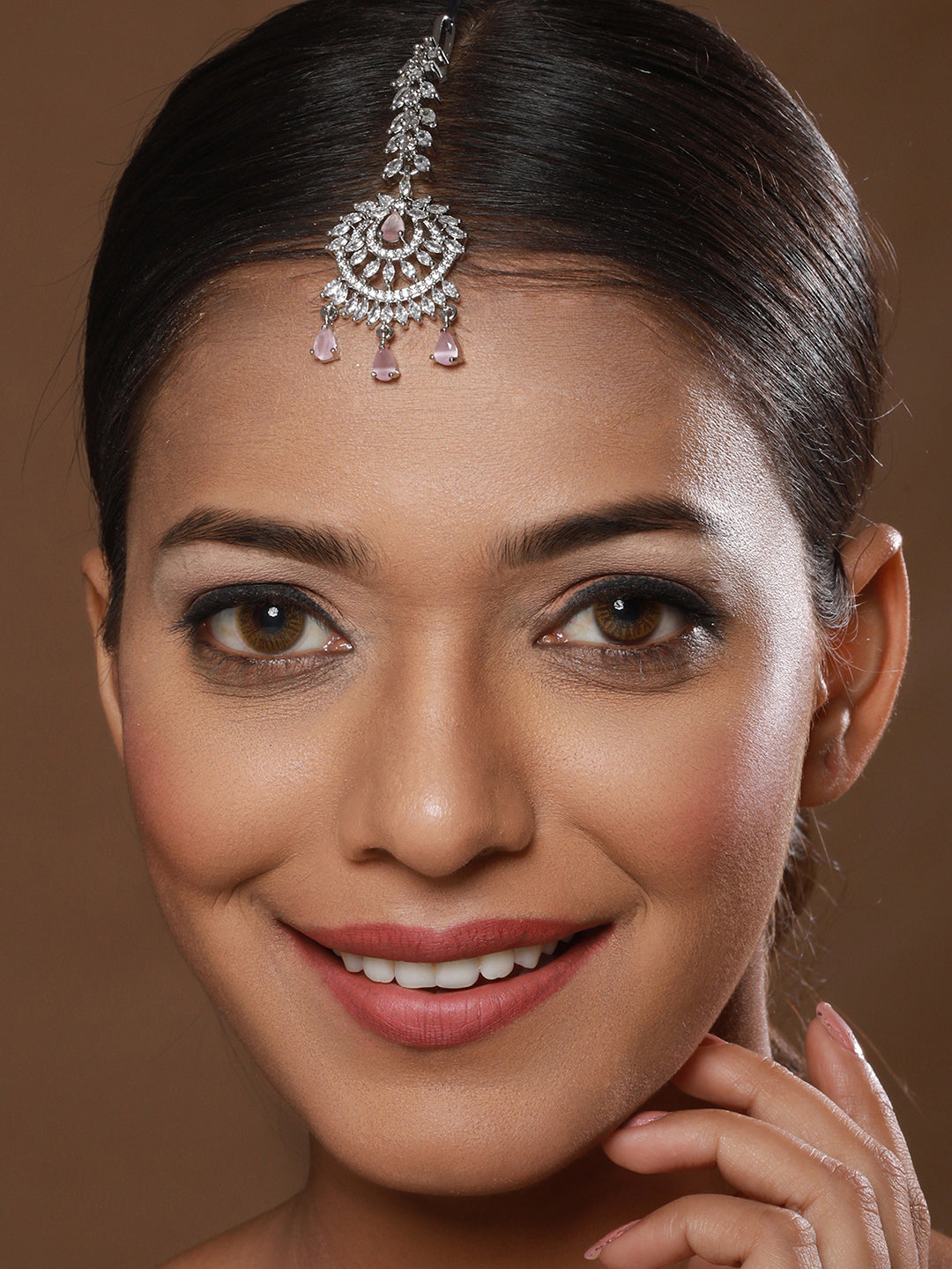 Rhodium-Plated Pink & White AD Studded Maang Tikka - Jazzandsizzle