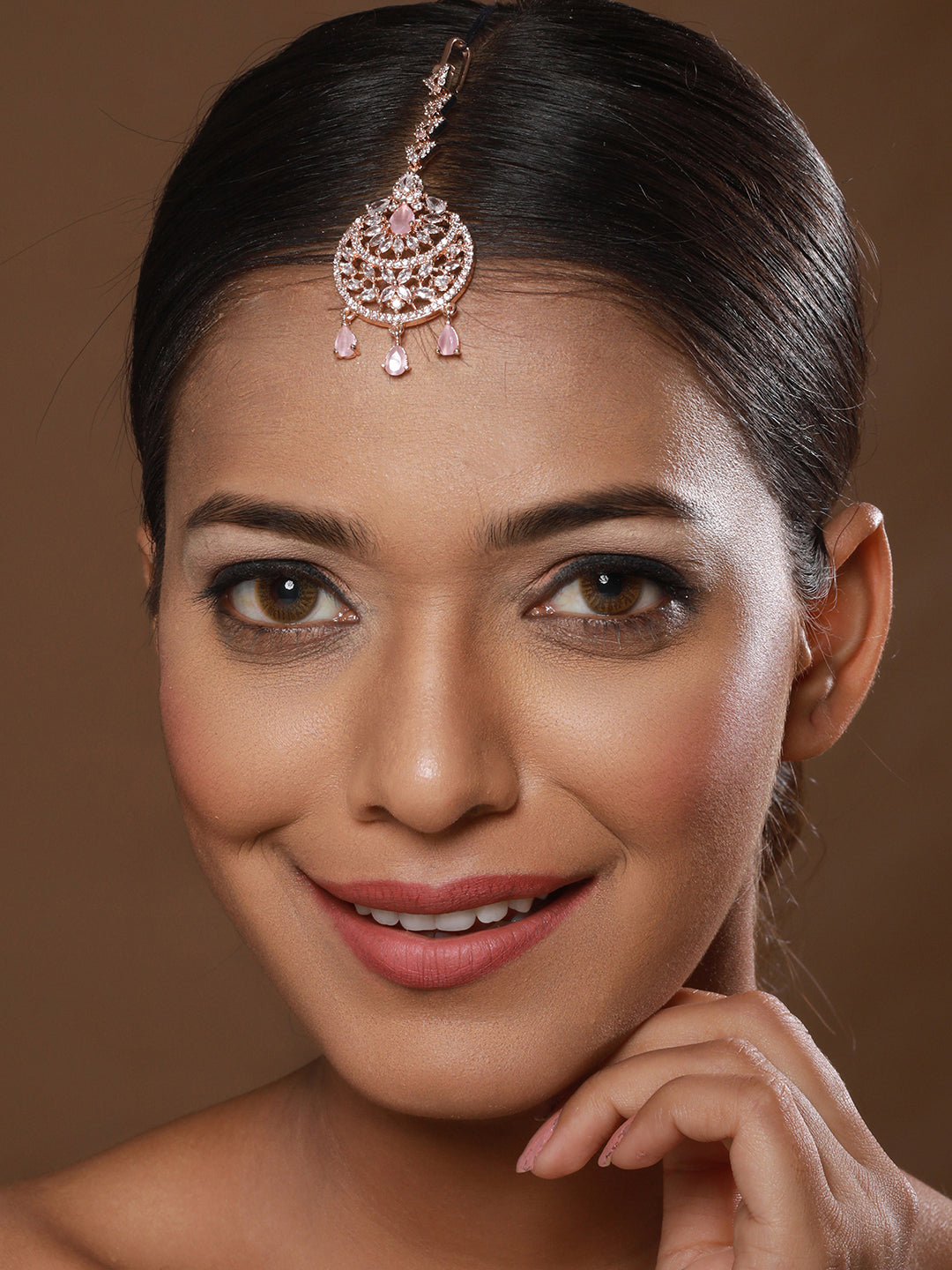 Rose Gold-Plated Pink & White AD-Studded Handcrafted Maang Tikka - Jazzandsizzle