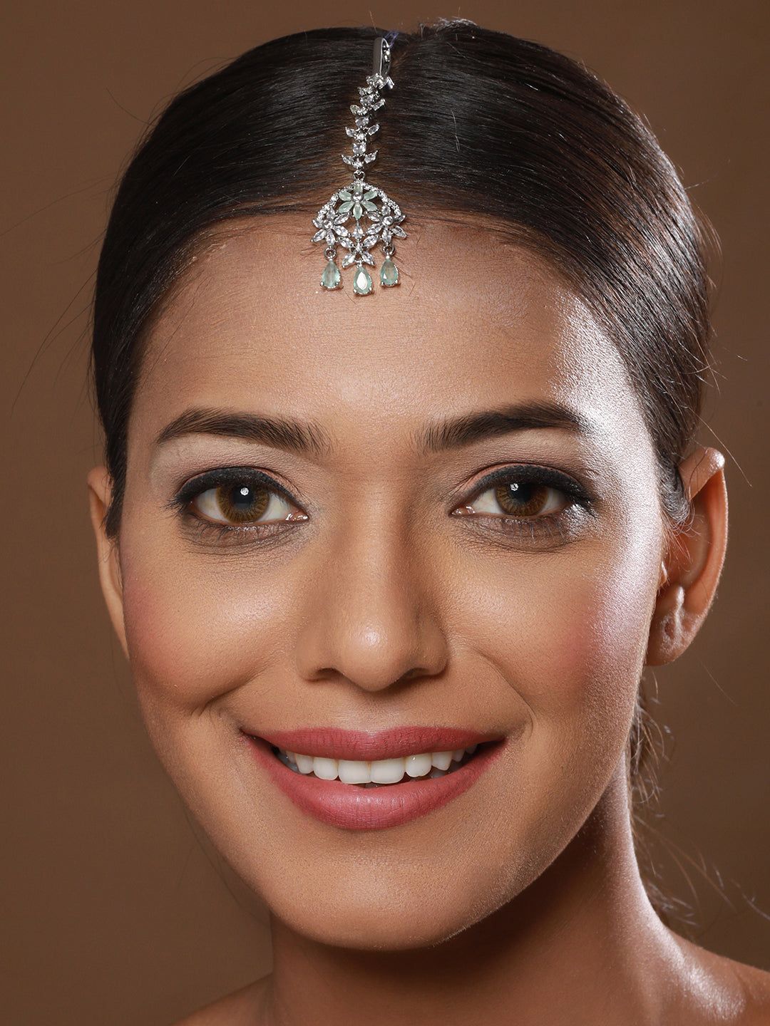 Rhodium-Plated Pink & White AD Studded Maang Tikka - Jazzandsizzle