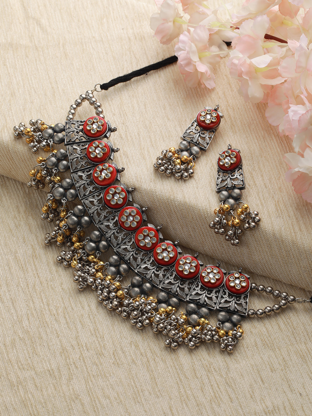 Oxidized Beaded & Kundan studded Choker Necklace With Earrings - Jazzandsizzle