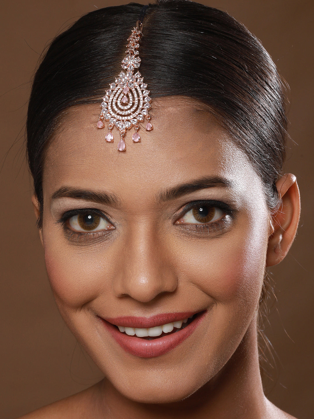 Rose Gold-Plated White CZ & Pink AD-Studded Handcrafted Maang Tikka - Jazzandsizzle