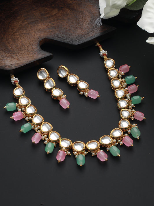 Gold-Plated Kundan-Studded & Beaded Jewellery Set - Jazzandsizzle