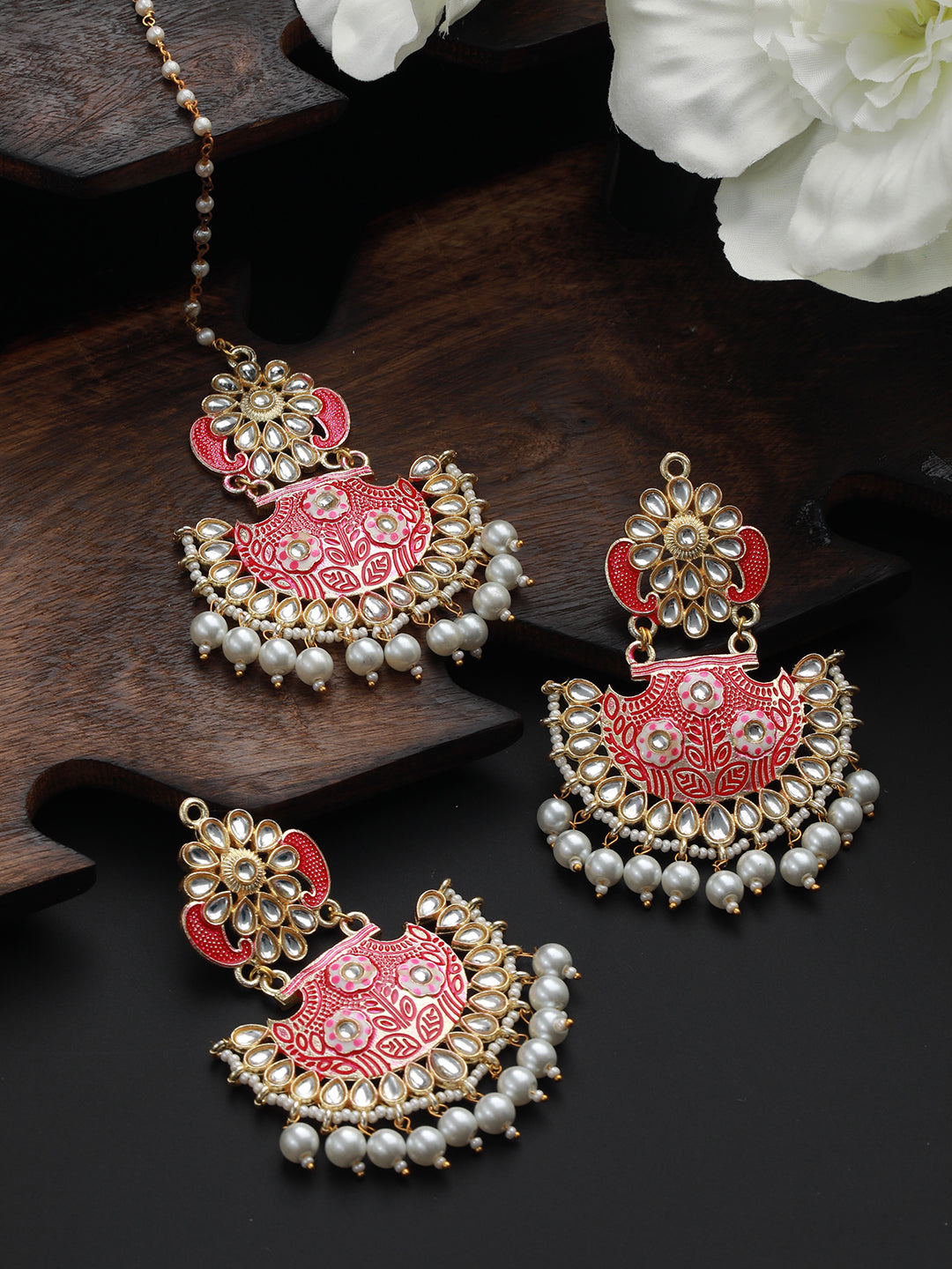 Gold-Plated Meenakari Kundan-Studded & Beaded Maangtikka with Earrings - Jazzandsizzle