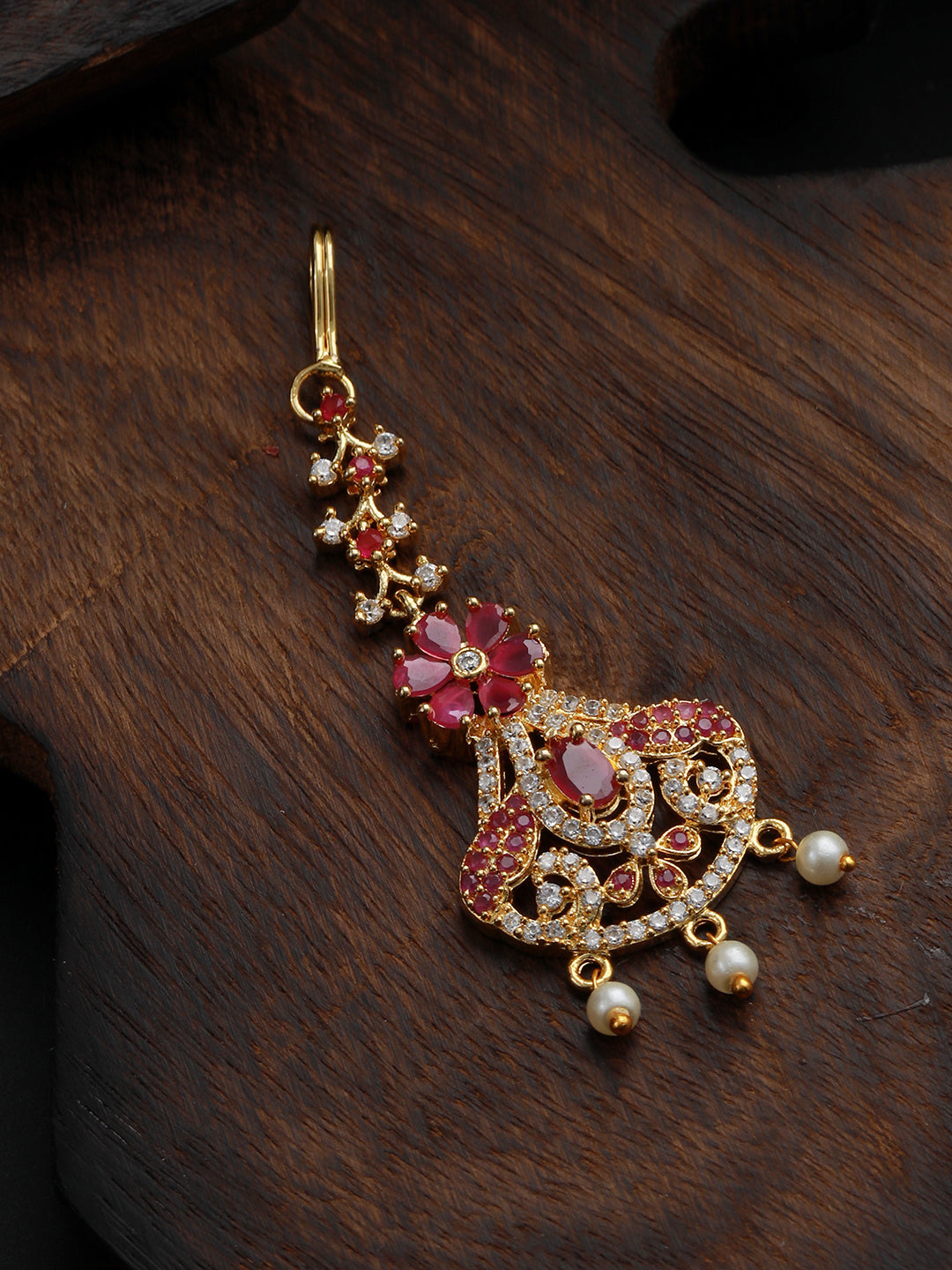 Gold-Plated Maroon & White AD-Studded & Beaded Handcrafted Maangtikka - Jazzandsizzle