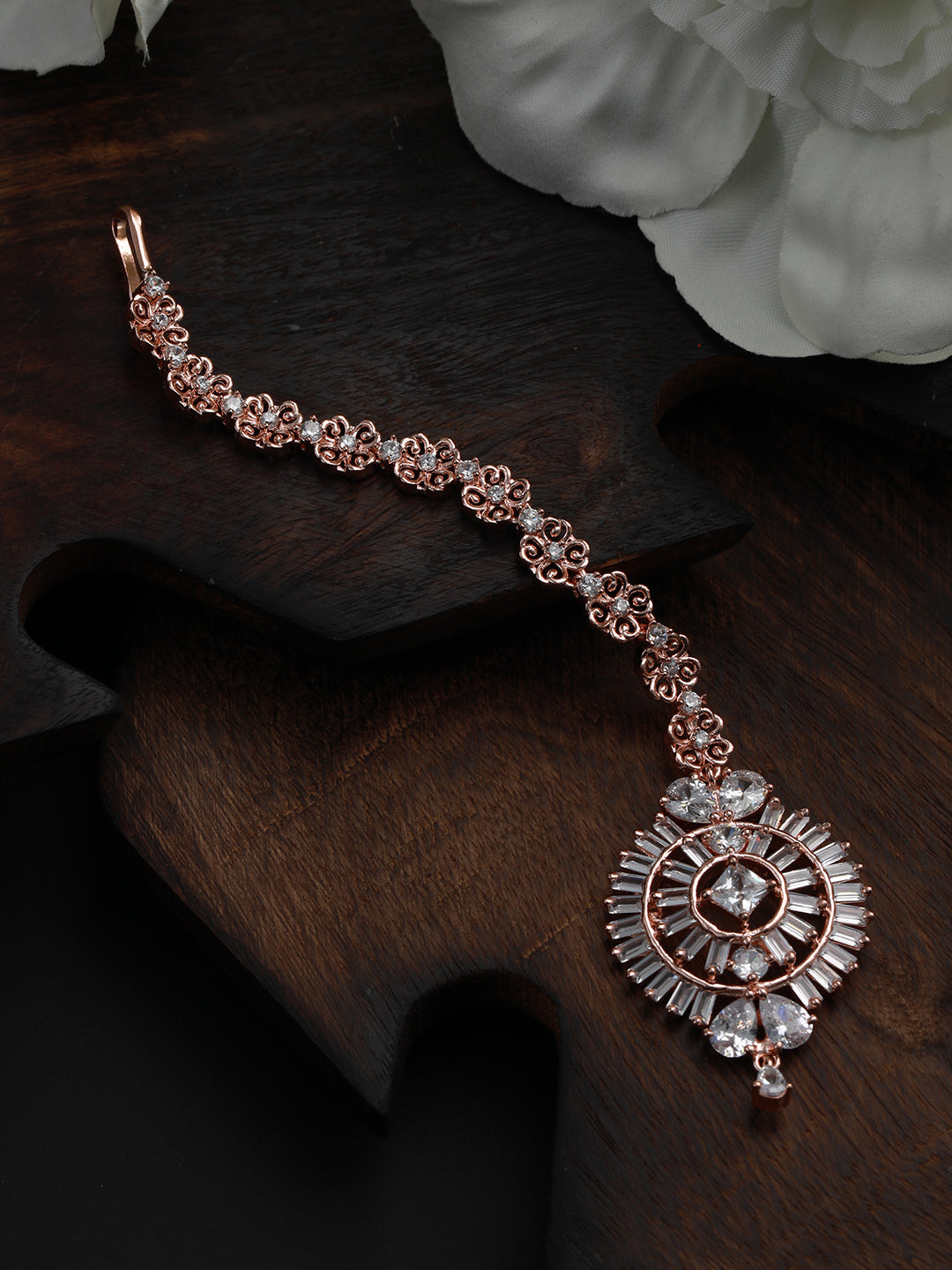 Rose Gold-Plated AD-Studded Circular Handcrafted Maang Tika - Jazzandsizzle