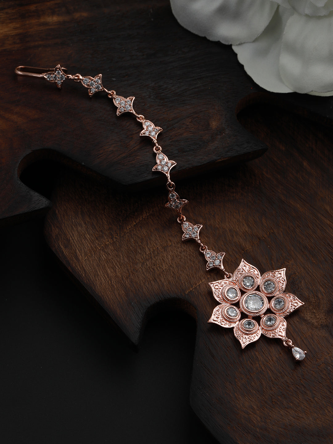 Rose Gold-Plated White AD-Studded Handcrafted Floral Maang Tikka - Jazzandsizzle