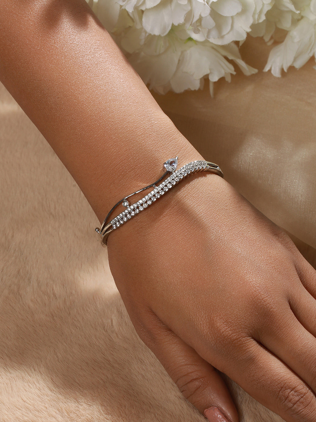 White American Diamond Studded Rhodium-Plated Link Bracelet - Jazzandsizzle