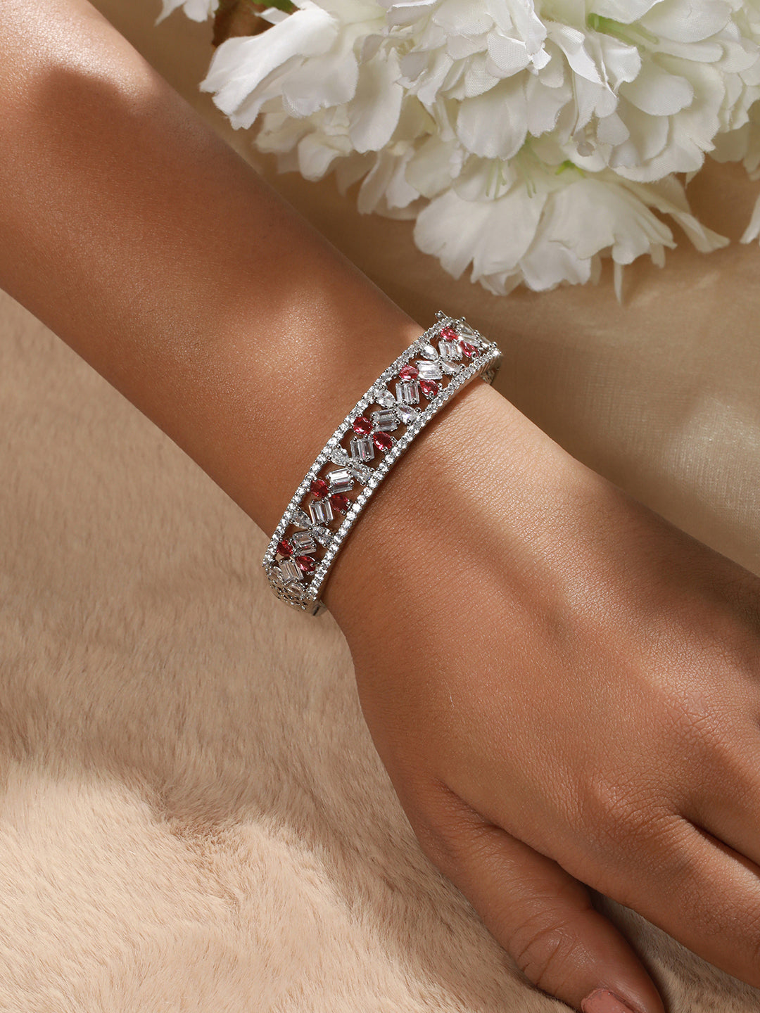 Red & White American Diamond Studded Rhodium-Plated Link Bracelet - Jazzandsizzle