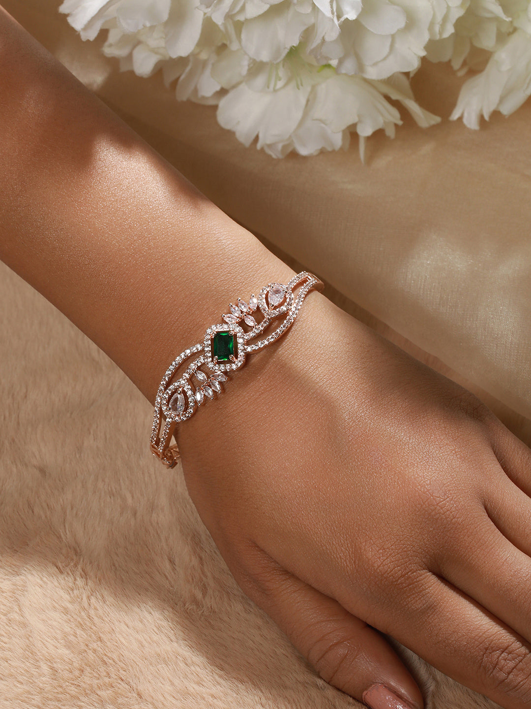 Rose Gold Plated & Green American Diamond Studded Bangle Link Bracelet - Jazzandsizzle