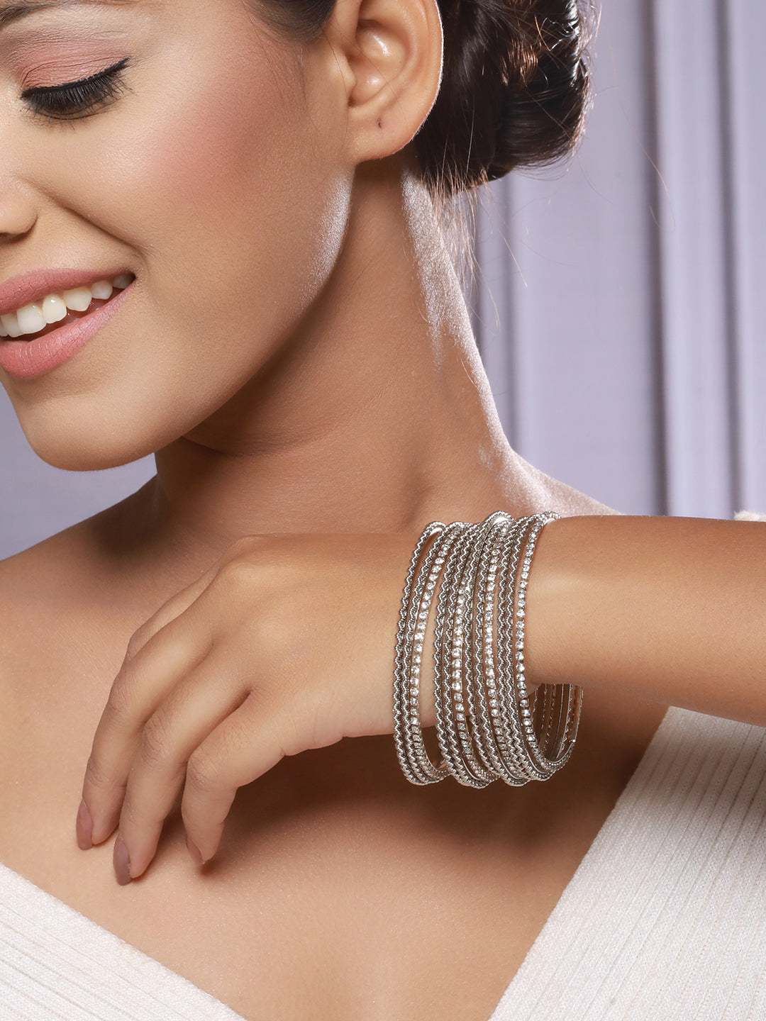 Jazz and Sizzle Set of 12 CZ Studded & Oxidised Silver Bangles - Jazzandsizzle