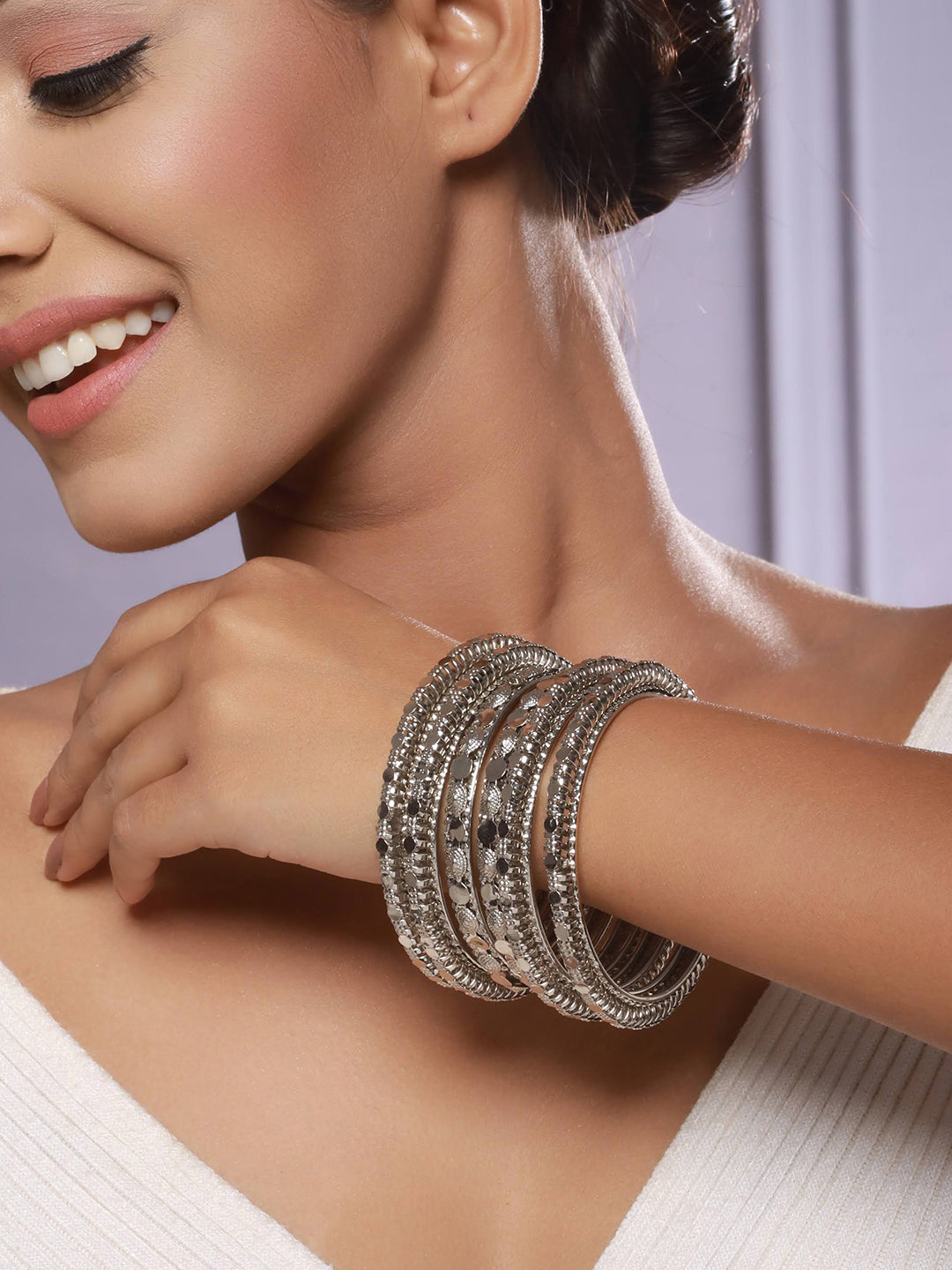 Jazz And Sizzle Set of 6 Oxidised Silver-Plated Textured Bangles Set - Jazzandsizzle