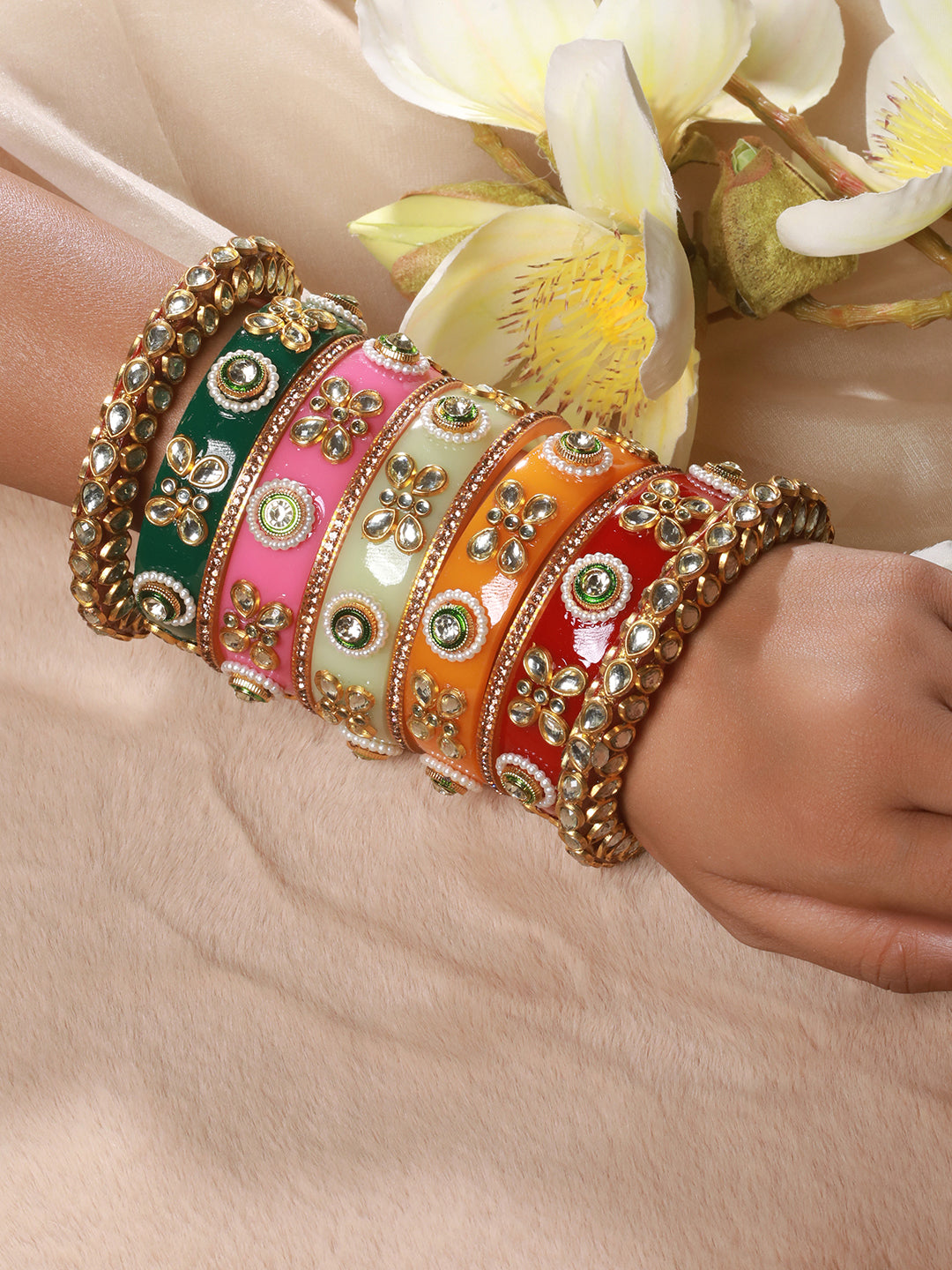Jazz And Sizzle Set Of 22 Gold-Plated Kundan-Studded Meenakari Multicolor Bangles - Jazzandsizzle