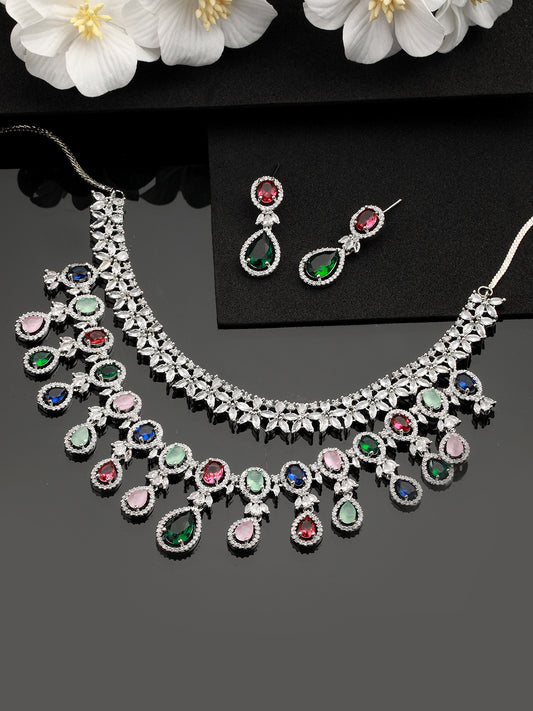 Silver-Plated AD-Studded & Beaded Layered Jewellery Set - Jazzandsizzle