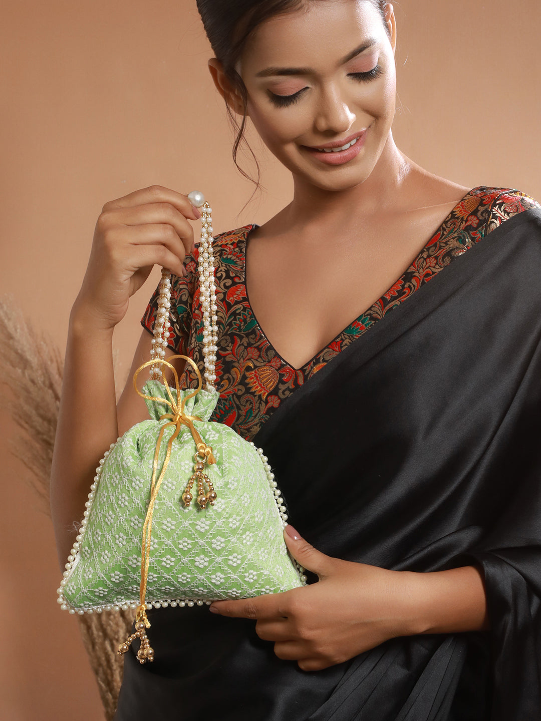 Green & Gold-Toned Chikan Embroidered work Potli Clutch - Jazzandsizzle