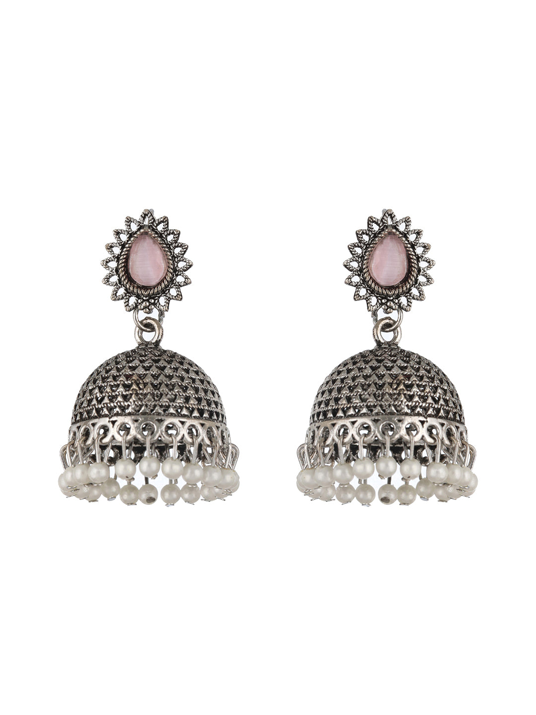 Silver Plated Pink Stone Studded & Pearl Beaded Jhumkas - Jazzandsizzle