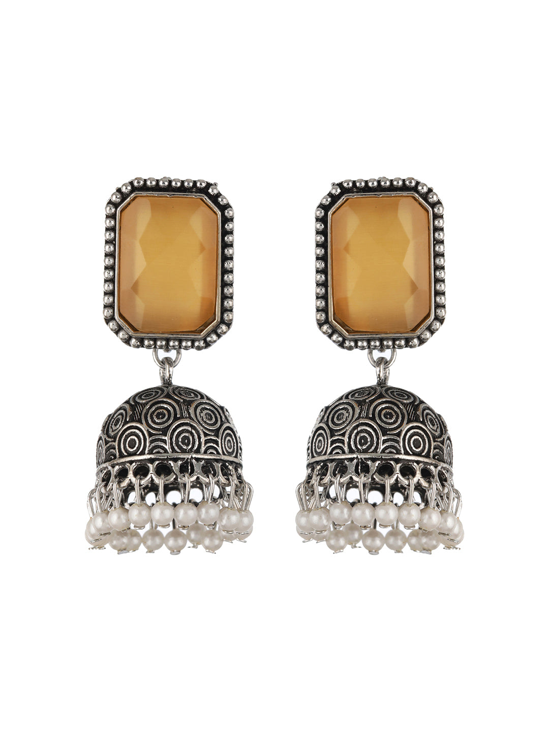 Silver Plated Yellow Stone Studded & Beaded Contemporary Jhumkas Earrings - Jazzandsizzle
