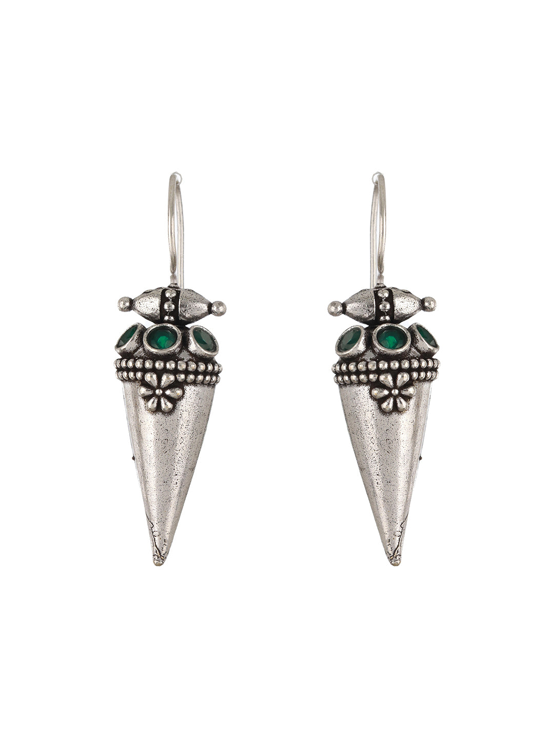 Silver Plated & green Stone studded Oxidized Classic Drop Earrings