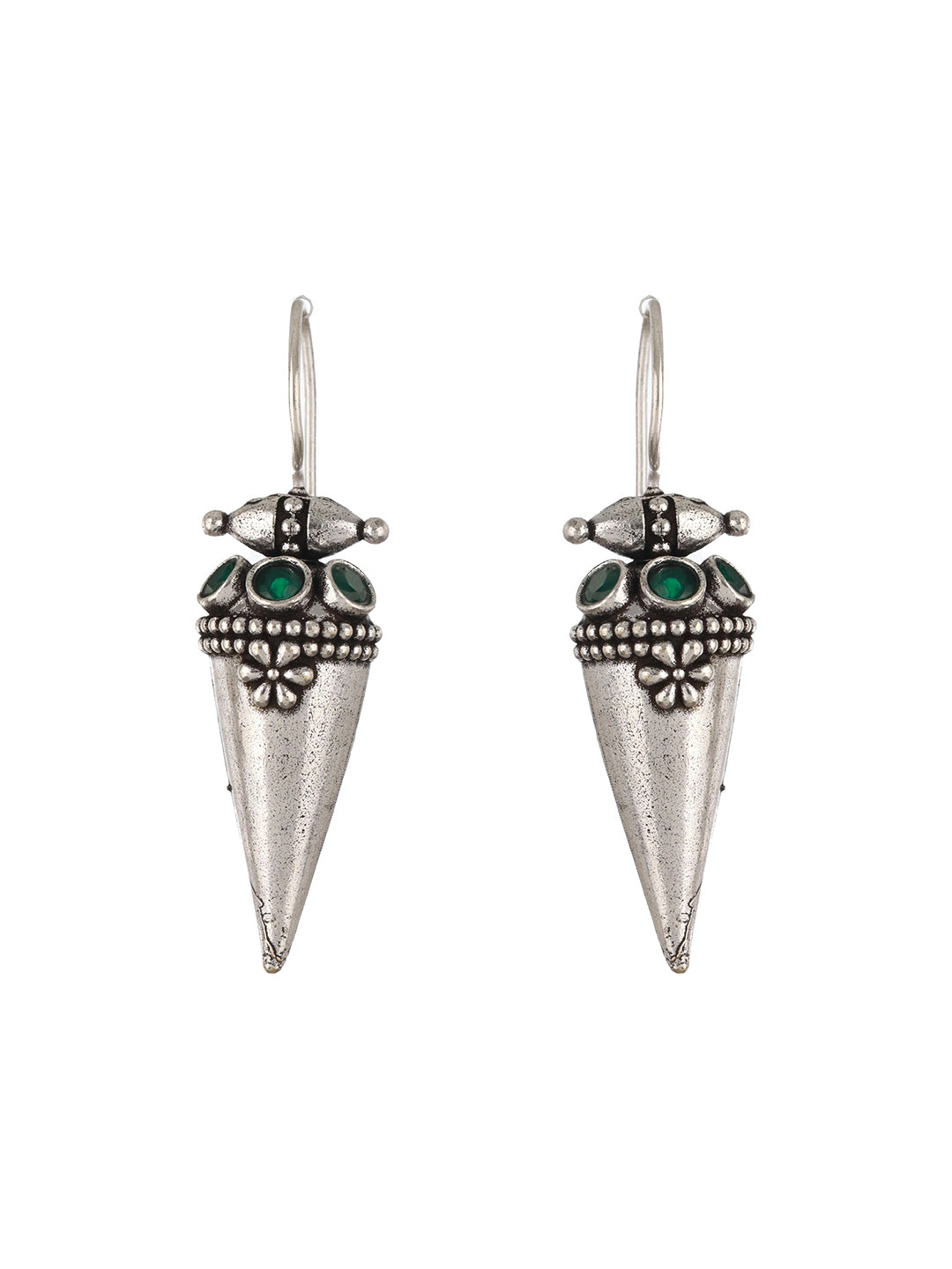 Silver Plated & green Stone studded Oxidized Classic Drop Earrings - Jazzandsizzle