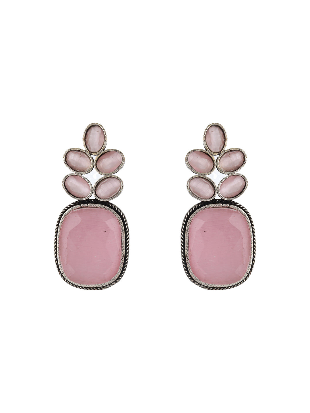 Silver-Plated Pink Contemporary Stone Studded Drop Earrings - Jazzandsizzle