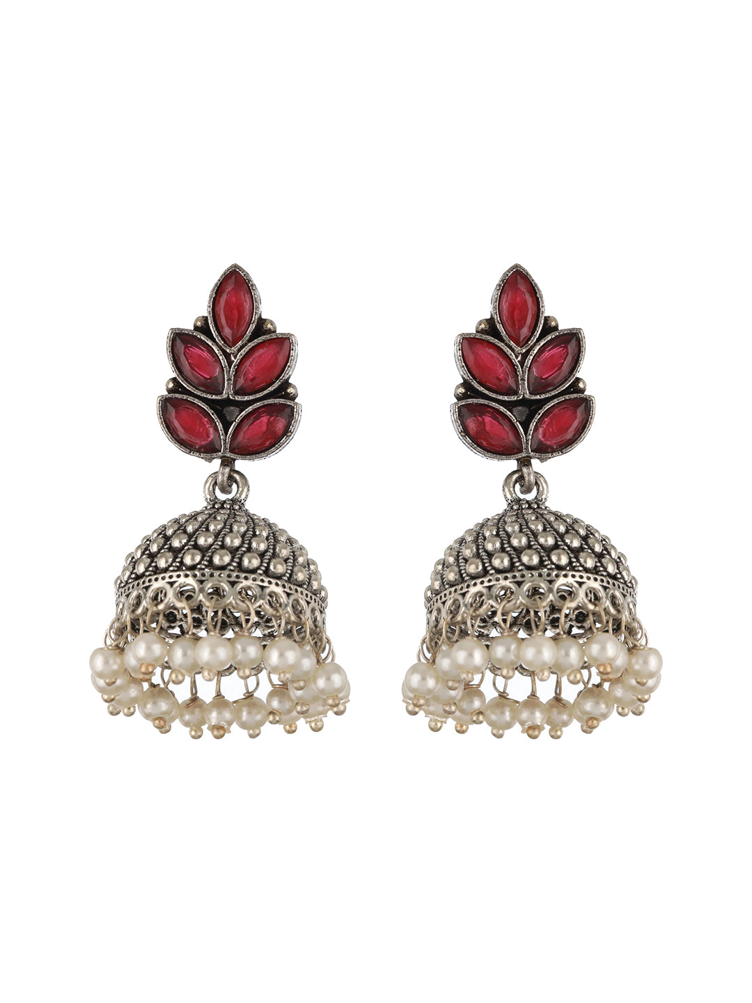 Silver-Plated Pearl Beaded & Maroon Stone Studded Handcrafted Dome Shaped Jhumkas - Jazzandsizzle