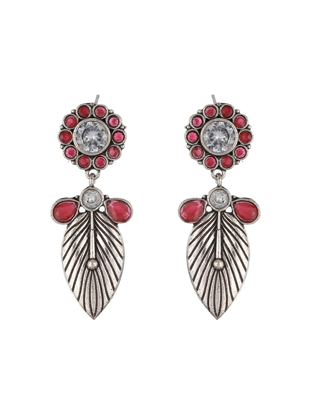 Silver-Plated Red & White Stone Studded Contemporary Drop Earrings - Jazzandsizzle