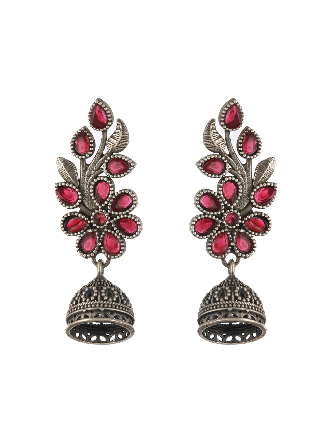 Silver Plated Red Stone Studded Leaf Shaped Oxidised Drop Earrings - Jazzandsizzle