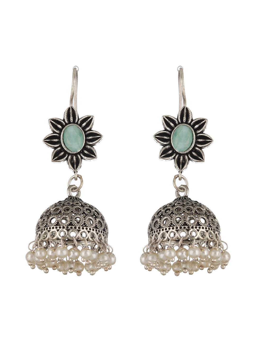 Oxidized Silver-Plated Green Stone Studded Dome Shaped Jhumkas