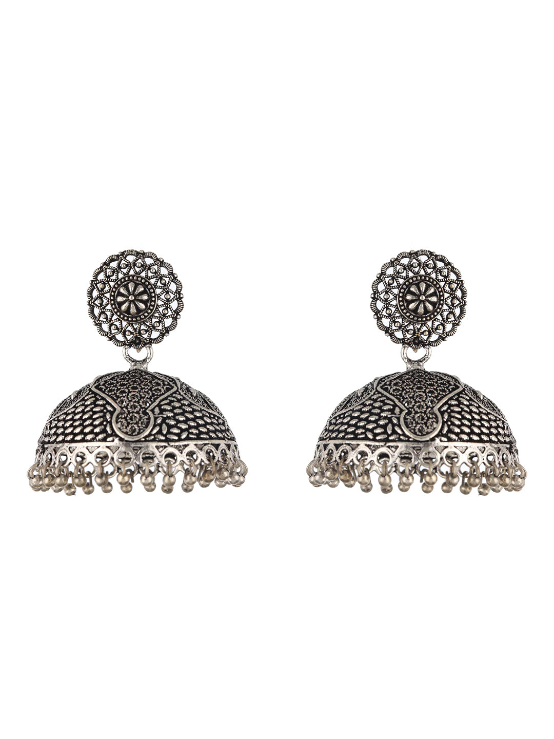 Silver-Toned & Silver Plated Dome Shaped Jhumkas Earrings - Jazzandsizzle