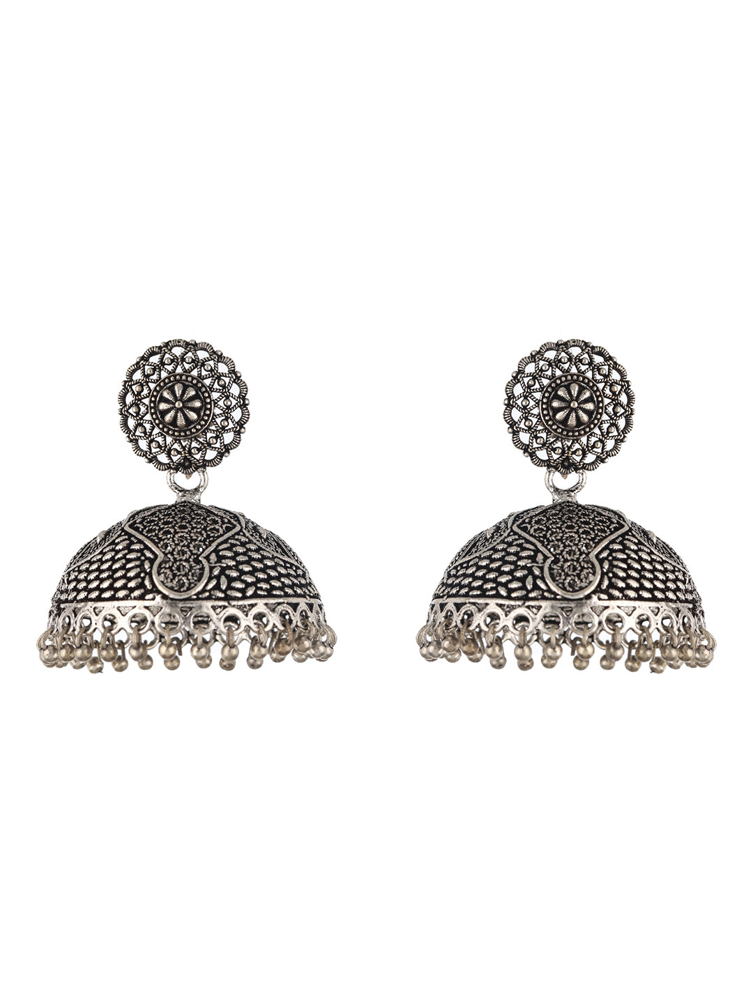 Silver-Toned & Silver Plated Dome Shaped Jhumkas Earrings - Jazzandsizzle