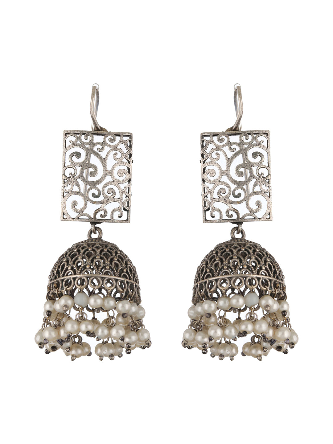 Silver-Plated & Silver Toned White Pearl Beaded Dome Shaped Jhumkas - Jazzandsizzle