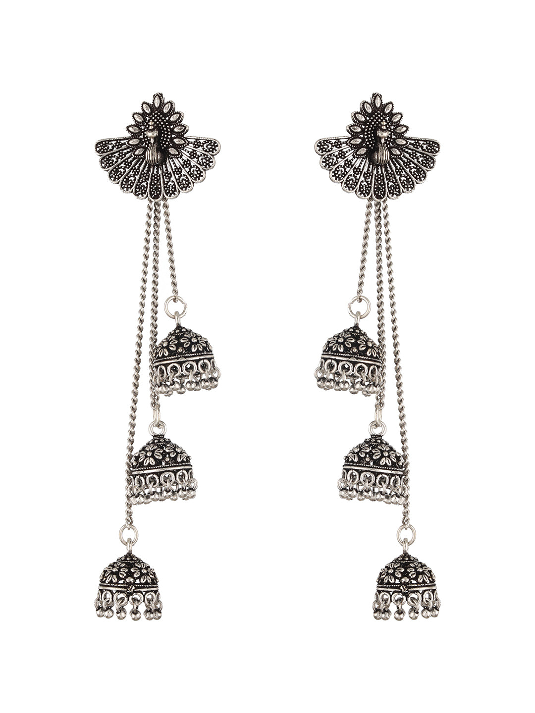 Oxidised Silver-Plated Peacock Shaped Jhumka Earrings - Jazzandsizzle