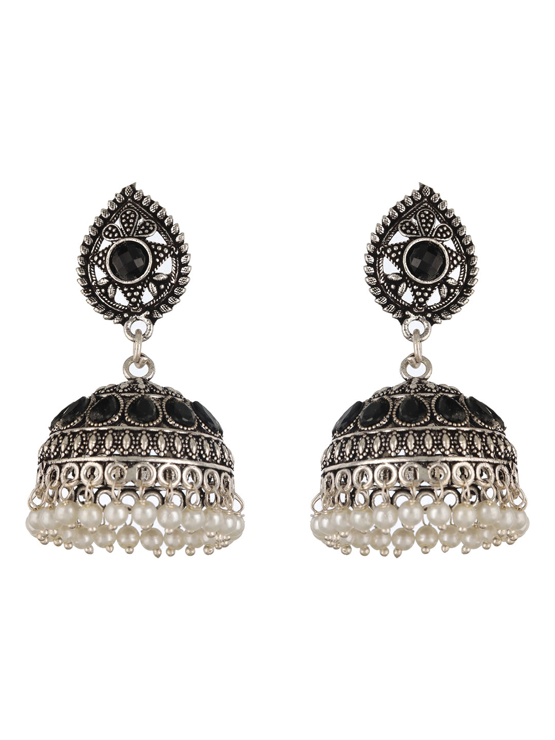 Black Stone Studded & Pearl Beaded Dome Shaped Jhumka Earrings - Jazzandsizzle