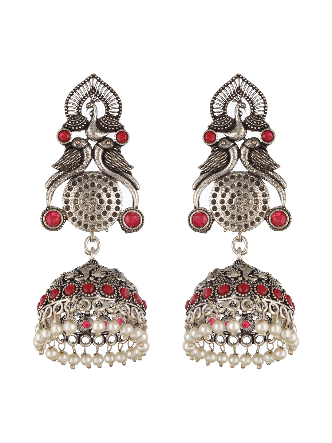 Red Stone Studded & Pearl Beaded Peacock Shaped Temple Jhumka Earrings - Jazzandsizzle