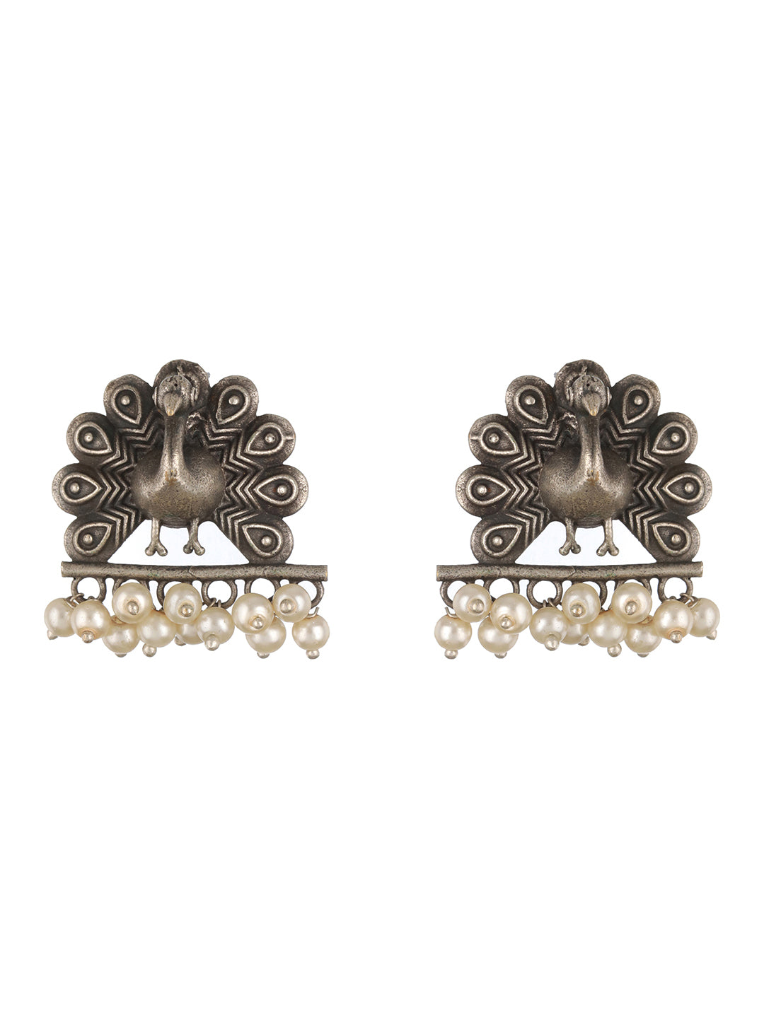 Silver Plated & Pear Beaded Oxidised Peacock Shaped Drop Earrings - Jazzandsizzle