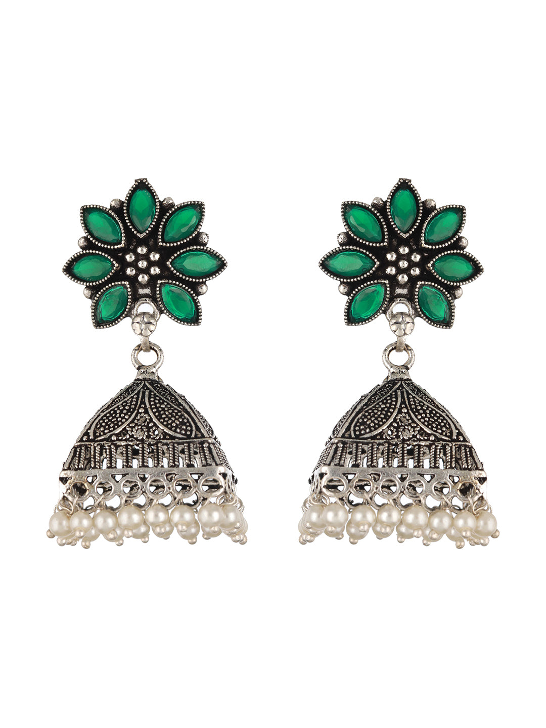 Silver-Plated Pearl Beaded & Green Stone Studded Handcrafted Dome Shaped Jhumkas