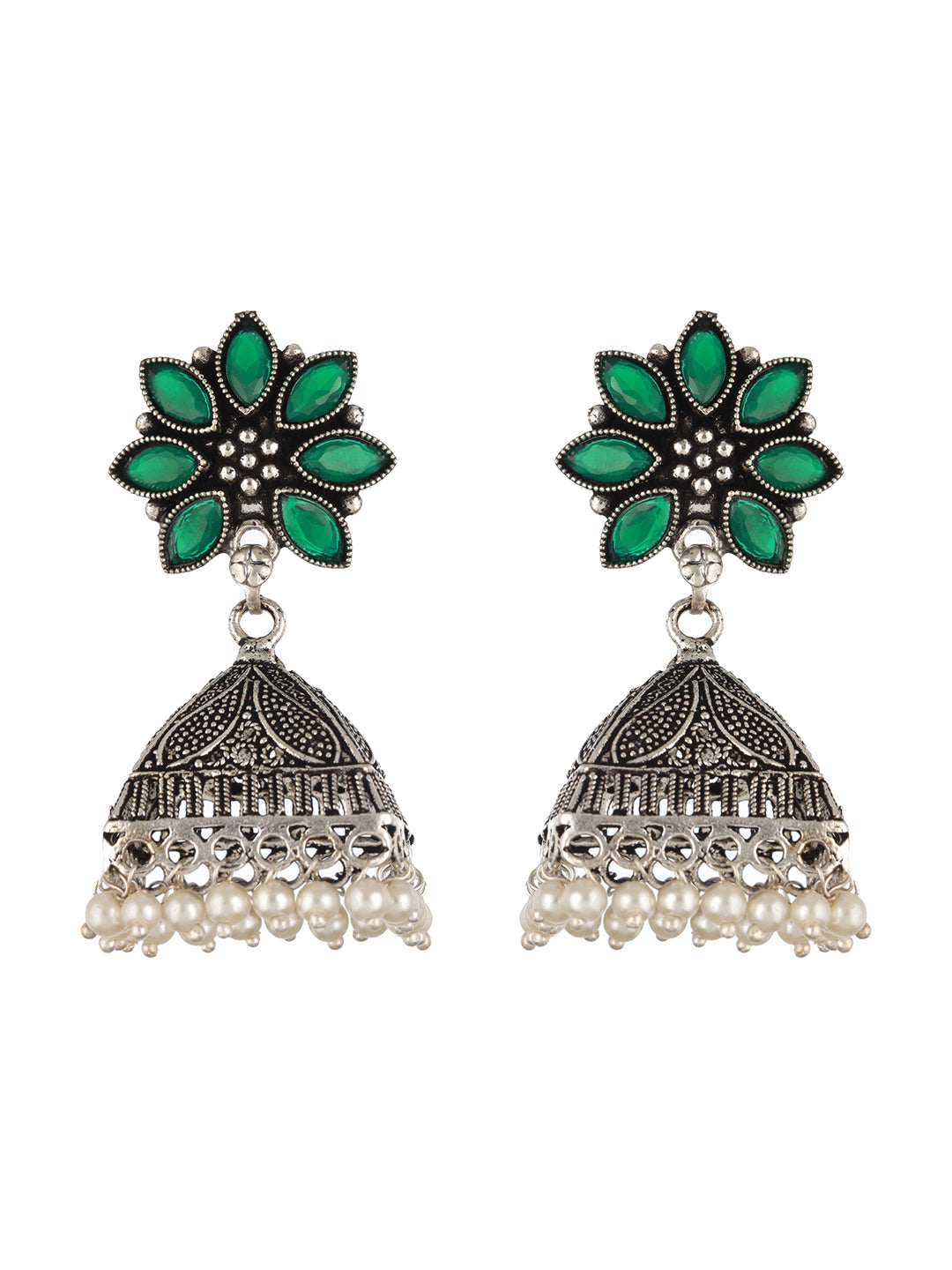 Silver-Plated Pearl Beaded & Green Stone Studded Handcrafted Dome Shaped Jhumkas - Jazzandsizzle