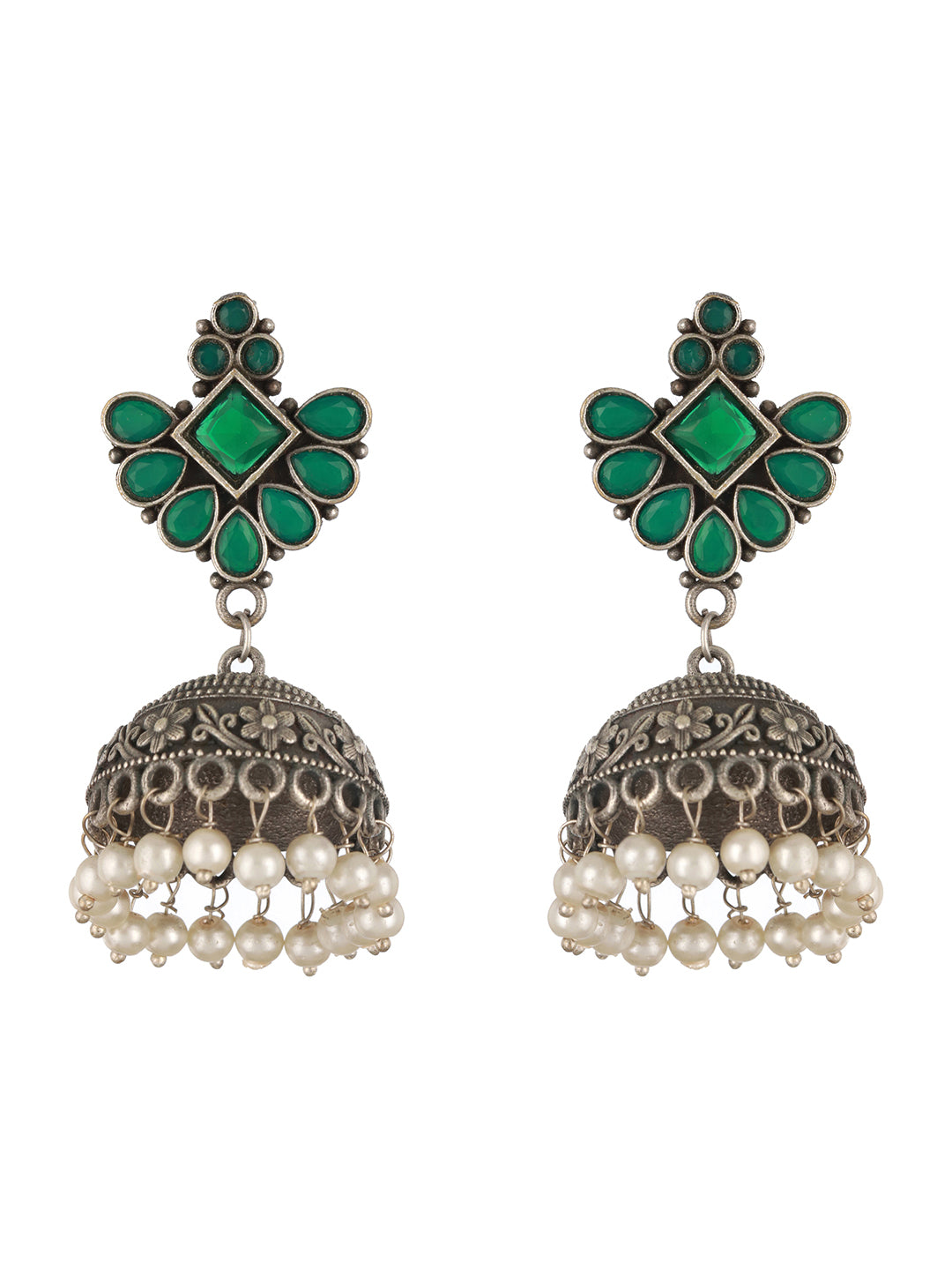 Green Stone Studded Silver & Pearl Beaded Oxidised Jhumka Earrings - Jazzandsizzle