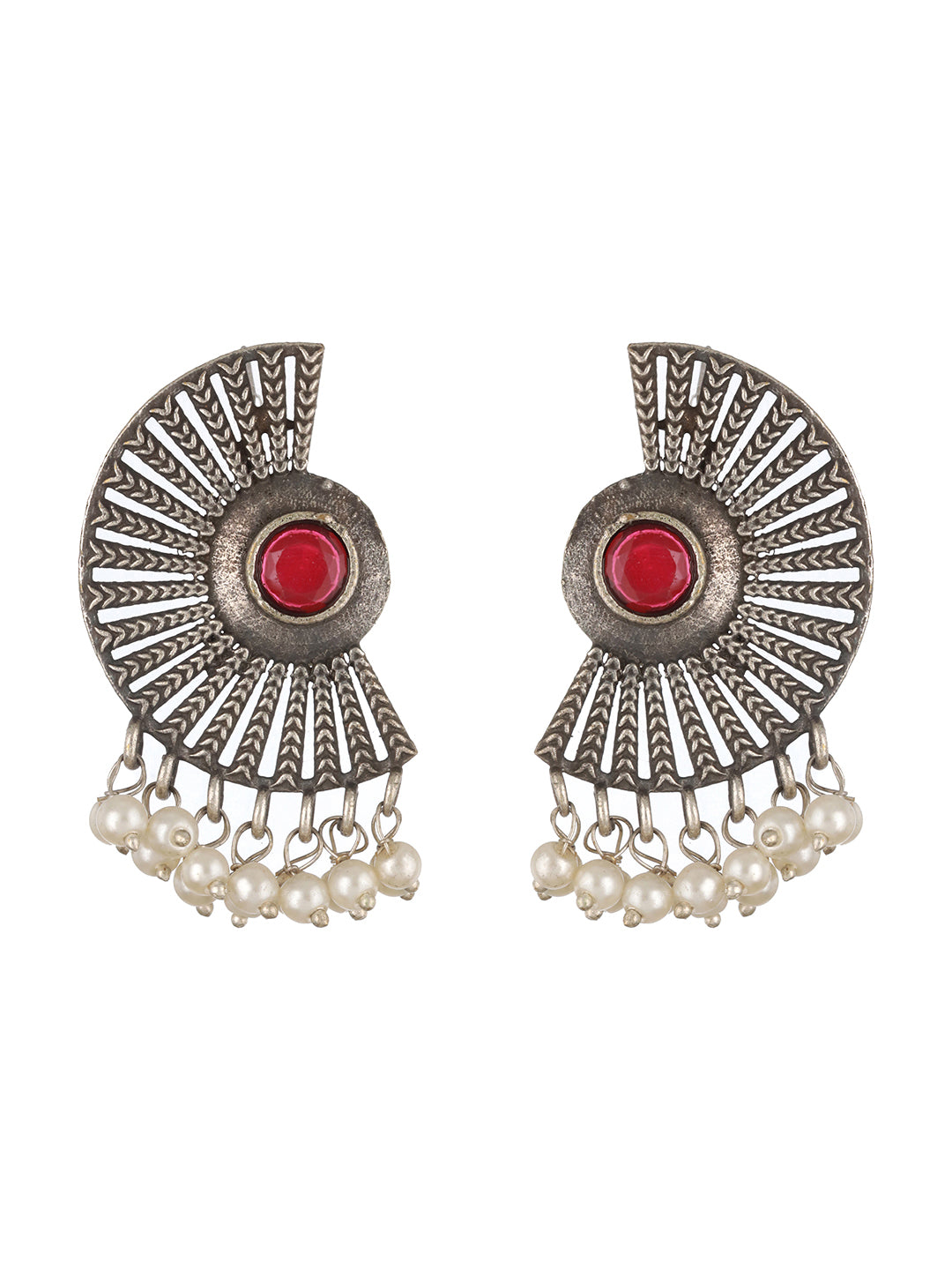 Red & Oxidised Silver-Toned Contemporary Studs Earrings