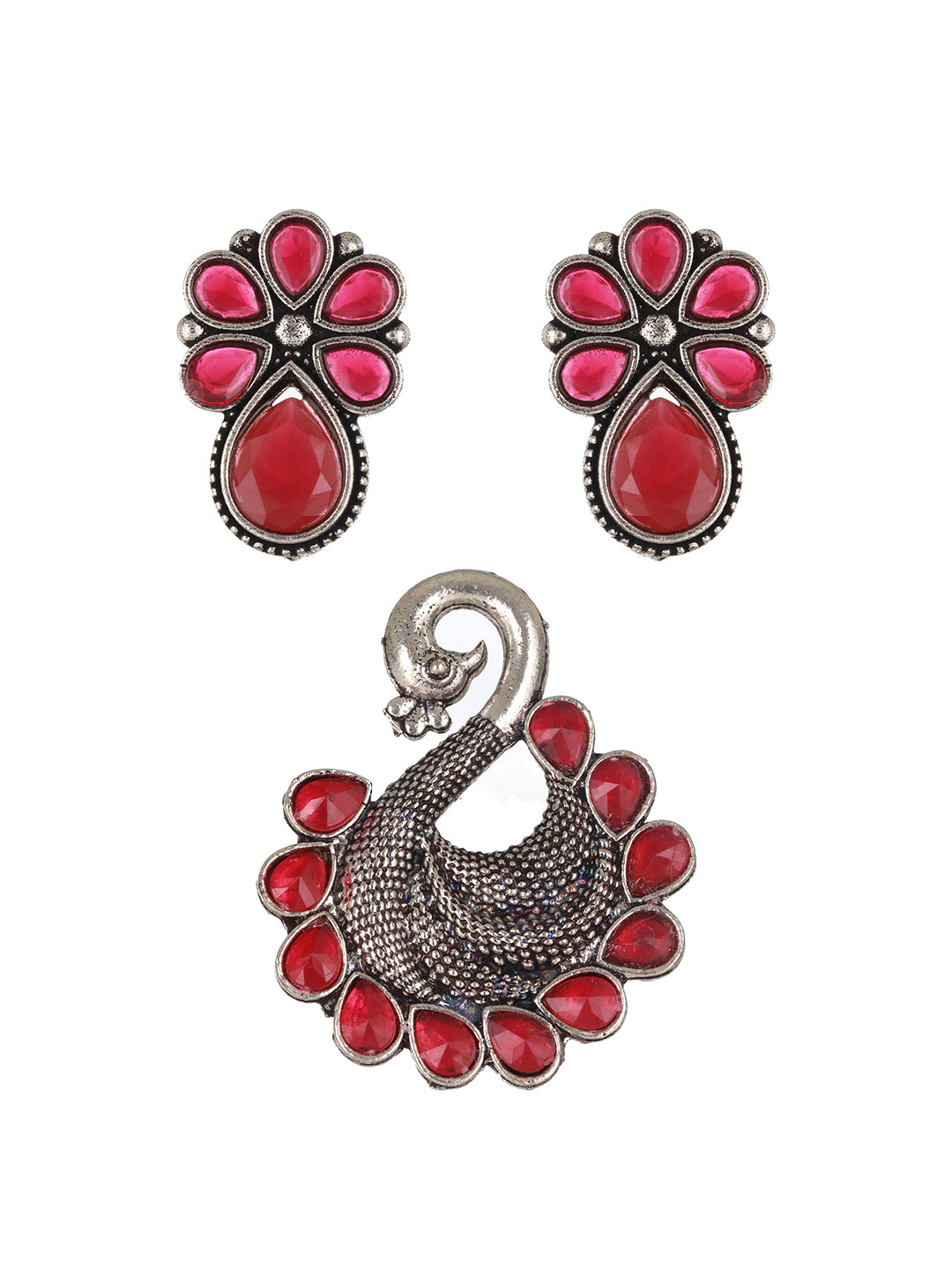 Set Of 2 Silver Plated & Red Stone Studded Contemporary Drop Earrings with Adjustable Ring - Jazzandsizzle