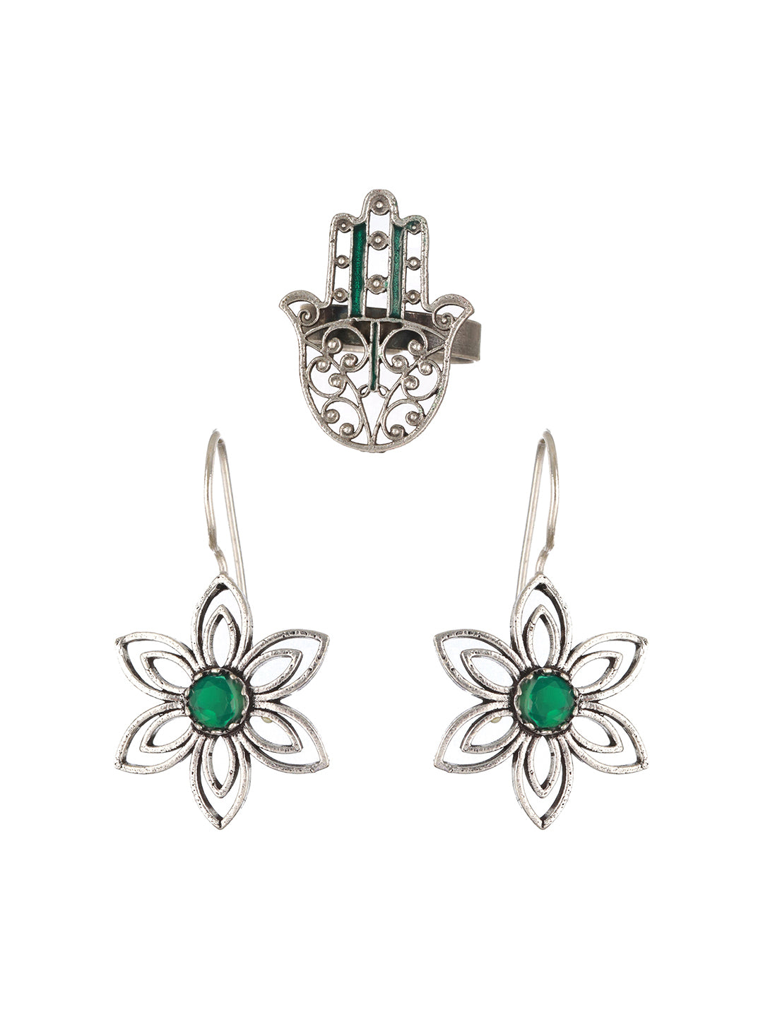 Set of 2 Floral Shaped & Green Stone Studded Drop Earrings with Hamza Adjustable Ring - Jazzandsizzle