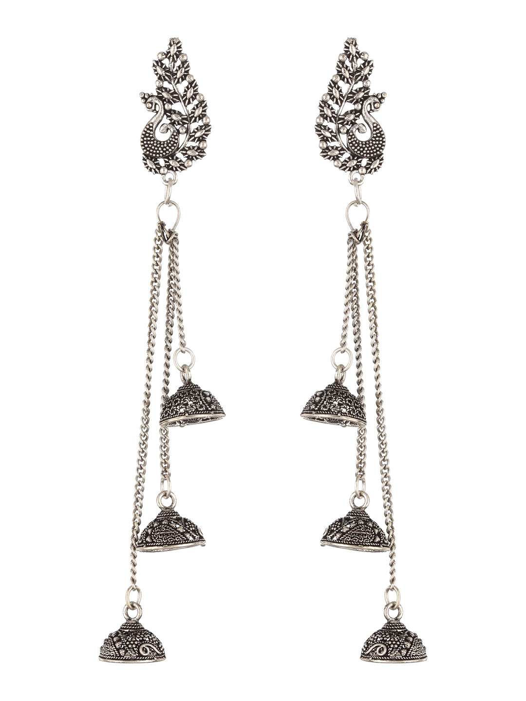 Set Of 2 Silver Plated Peacock Shaped Jhumka Earrings - Jazzandsizzle