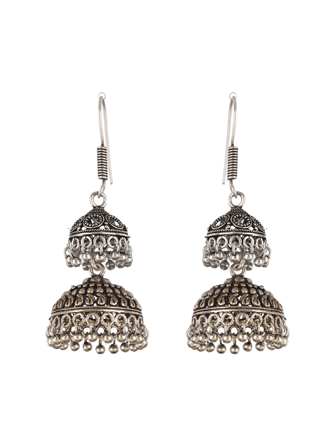 Set Of 2 Silver Plated Peacock Shaped Jhumka Earrings - Jazzandsizzle
