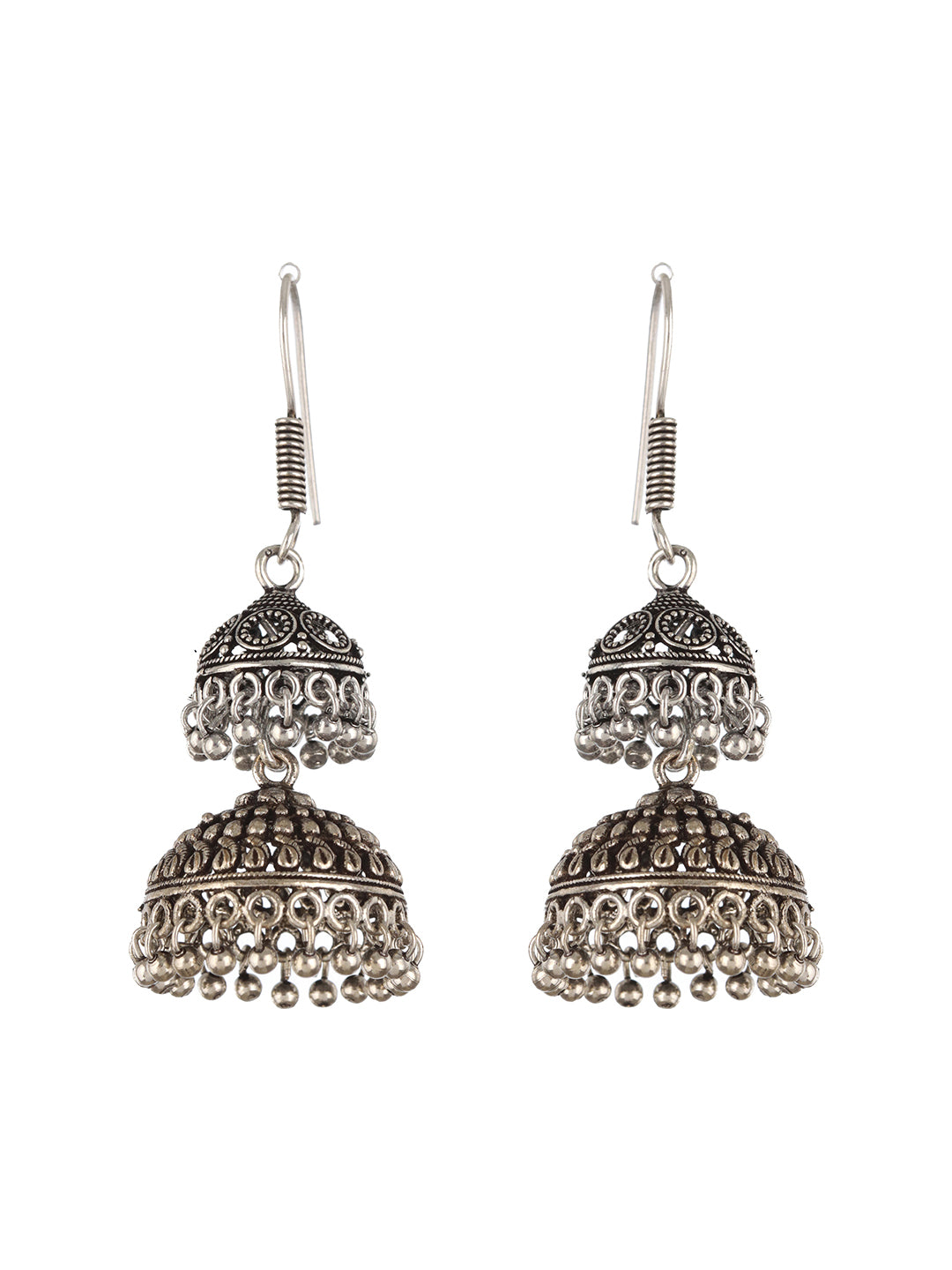 Set Of 2 Silver Plated Peacock Shaped Jhumka Earrings - Jazzandsizzle