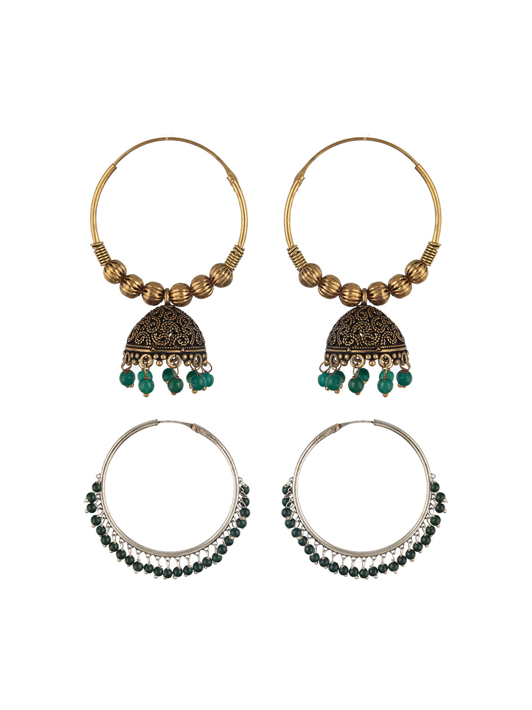 Set Of 2 Gold Plated & Green Pear Beaded Circular shapes Hoop Earrings - Jazzandsizzle