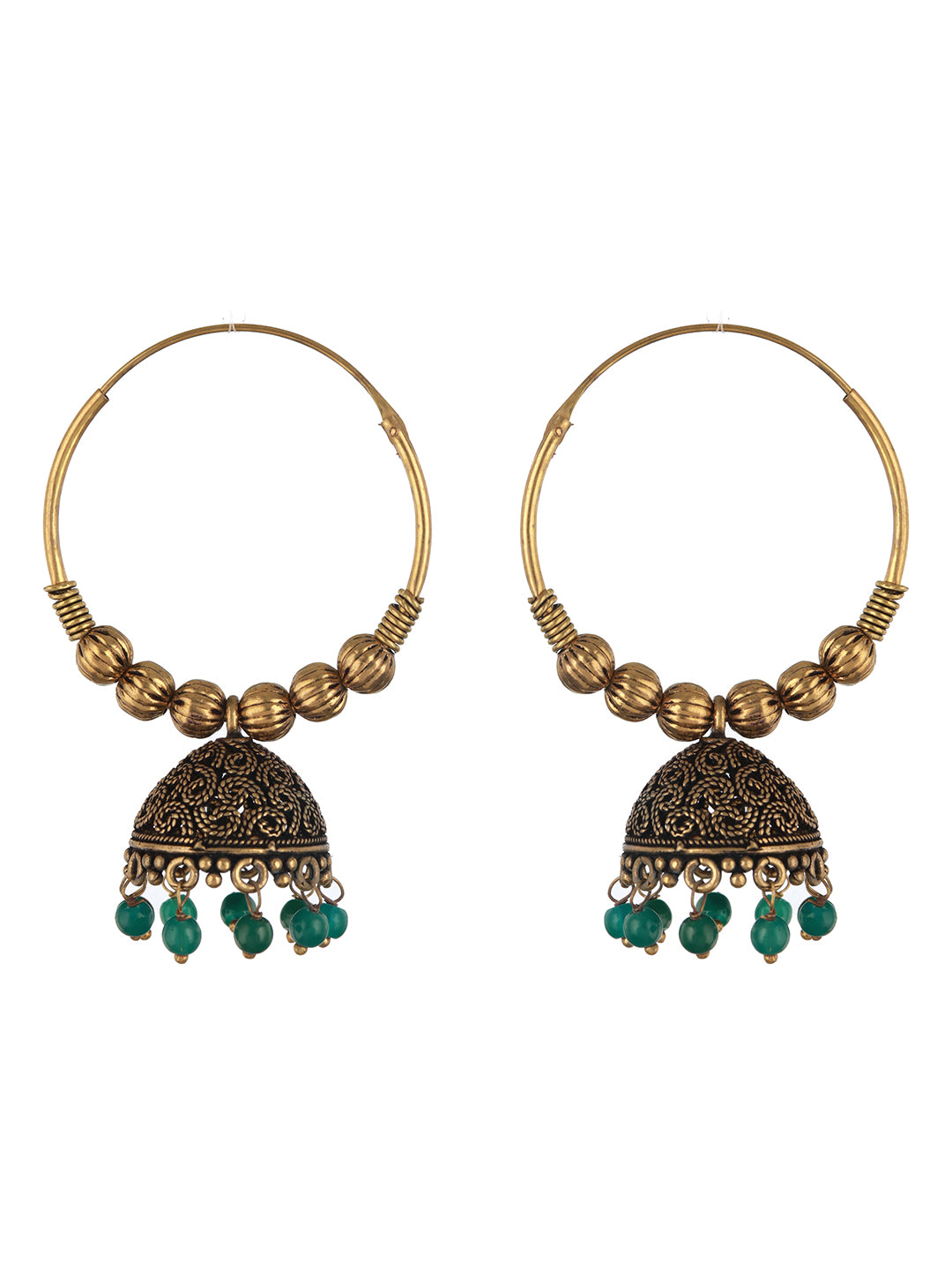 Set Of 2 Gold Plated & Green Pear Beaded Circular shapes Hoop Earrings - Jazzandsizzle