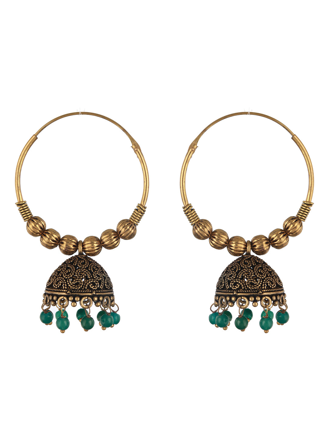 Set Of 2 Gold Plated & Green Pear Beaded Circular shapes Hoop Earrings - Jazzandsizzle