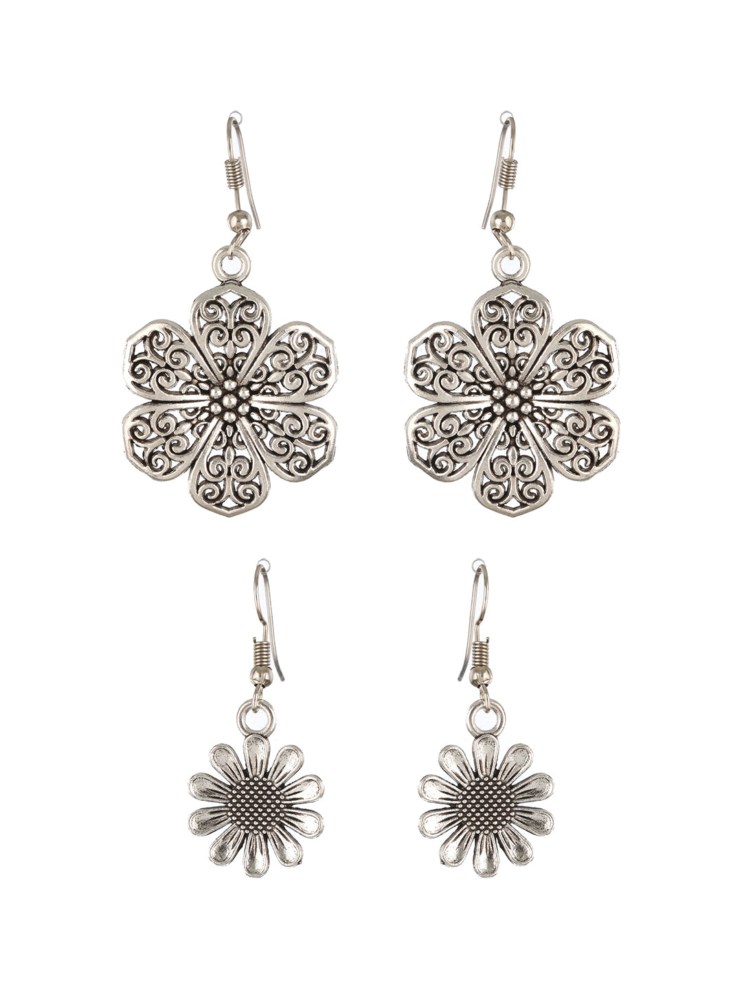 Set Of 2 Silver Plated Floral Shaped Drop Earrings - Jazzandsizzle
