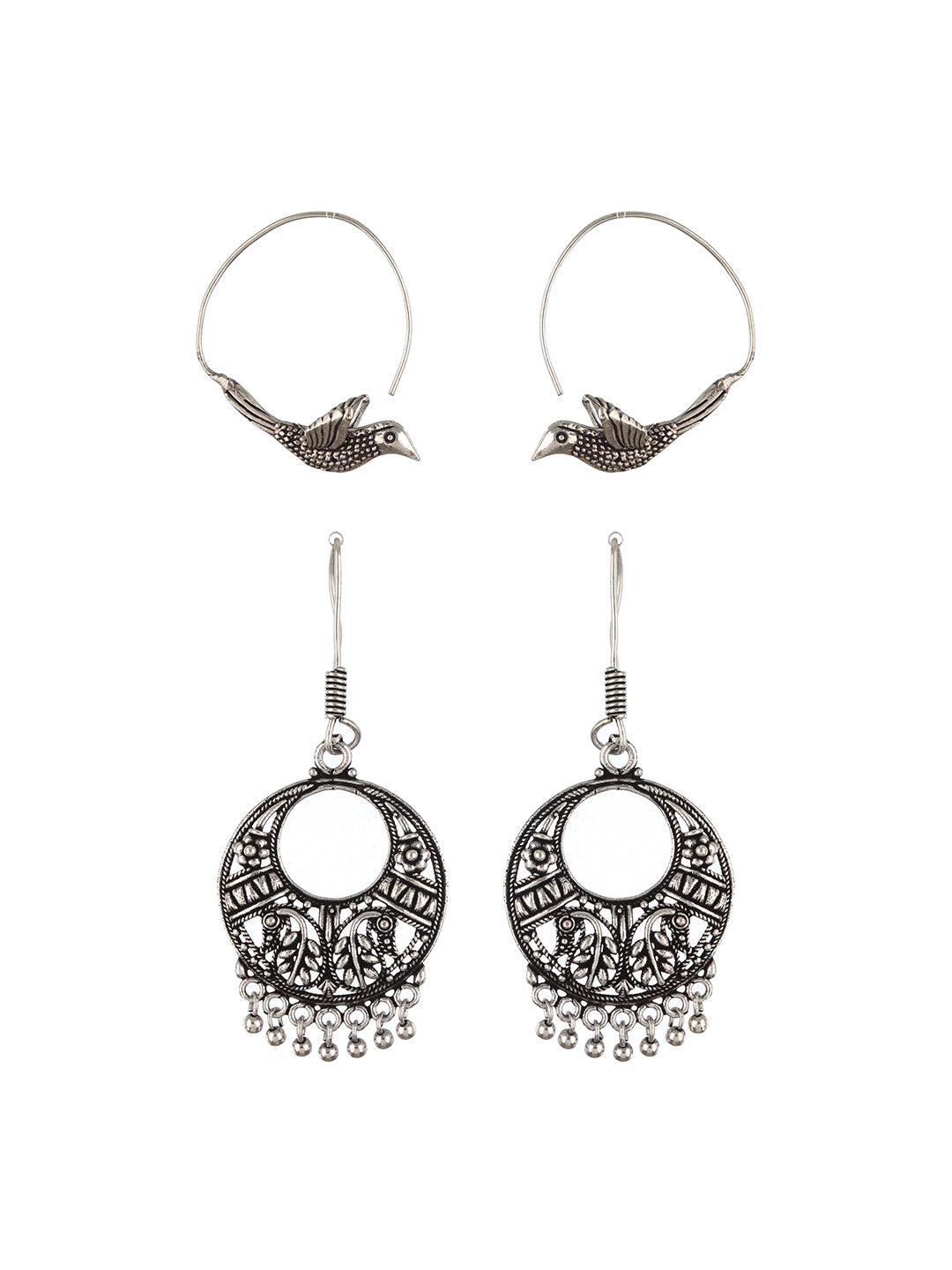 Set Of 2 Silver Plated Brid Shaped Hoop & Chandbali Earrings - Jazzandsizzle