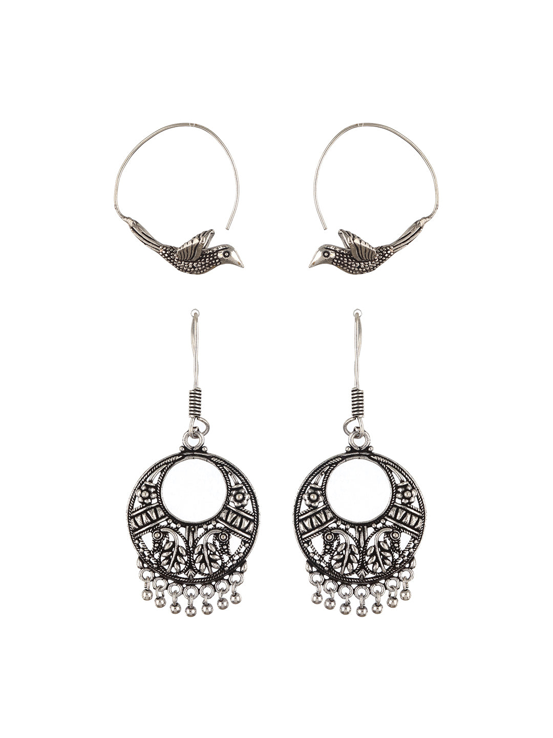 Set Of 2 Silver Plated Brid Shaped Hoop & Chandbali Earrings - Jazzandsizzle