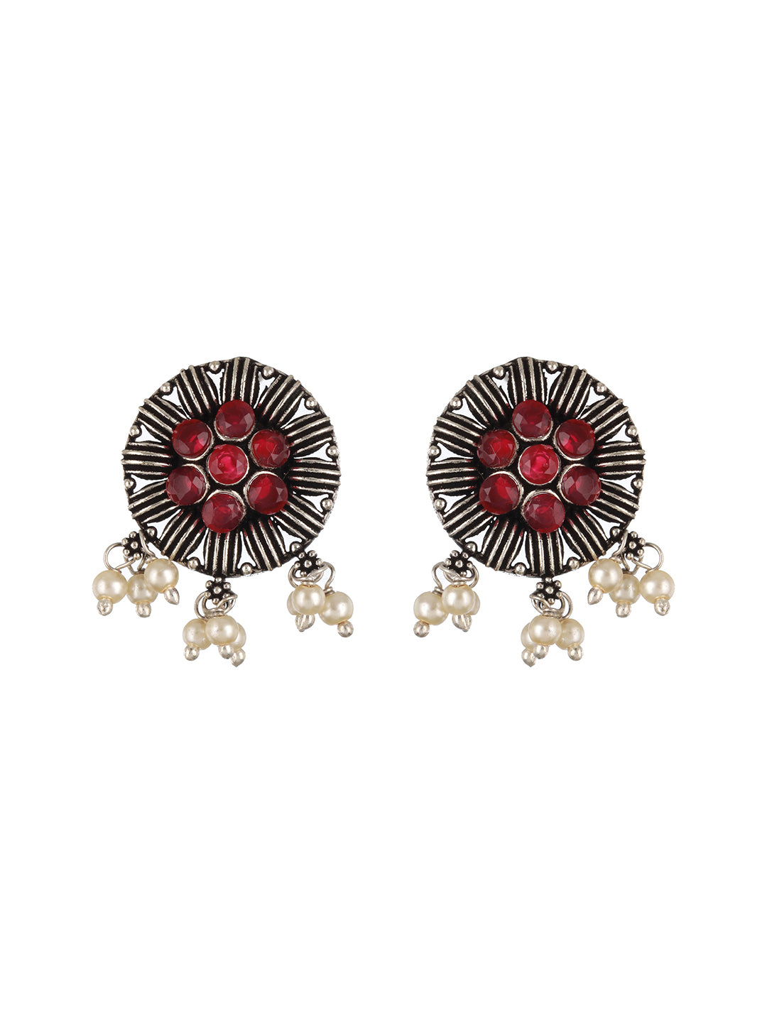 Silver Plated Red Stone Studded & Pearl Beaded Oxidised Peacock Shaped Jewellery Set - Jazzandsizzle